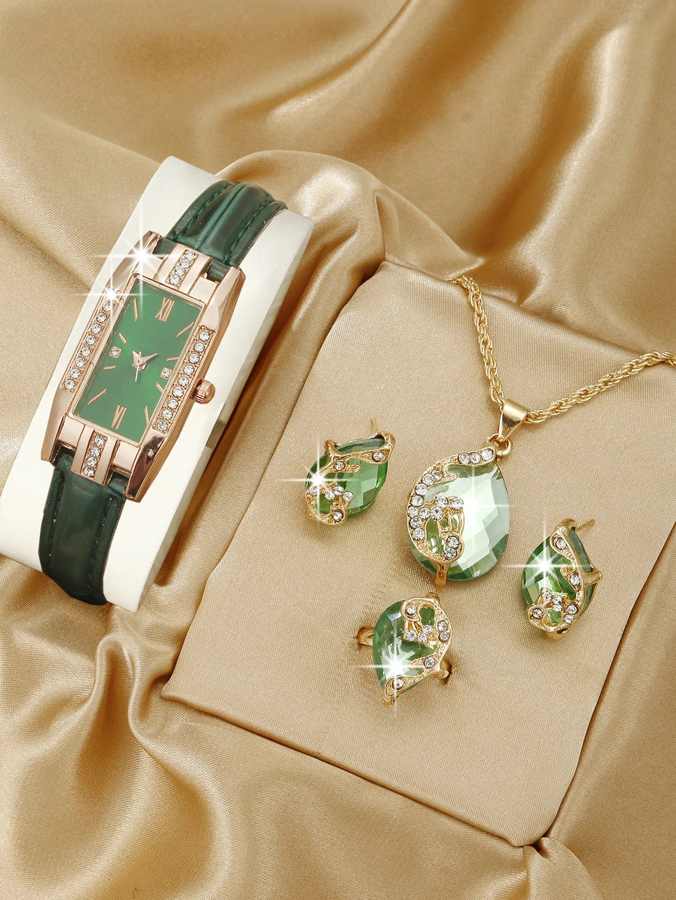 5PCS Set Fashion Women Rectangle Watches Ladies Business Green Leather Quartz Watch Womens Necklace Earrings Bracelet Wristwatch
