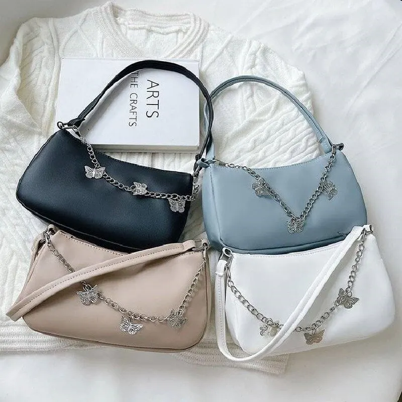 Retro Butterfly Chain Underarm Bag Womens Fashion PU Solid Shoulder Bag Travel Casual Small Handbag