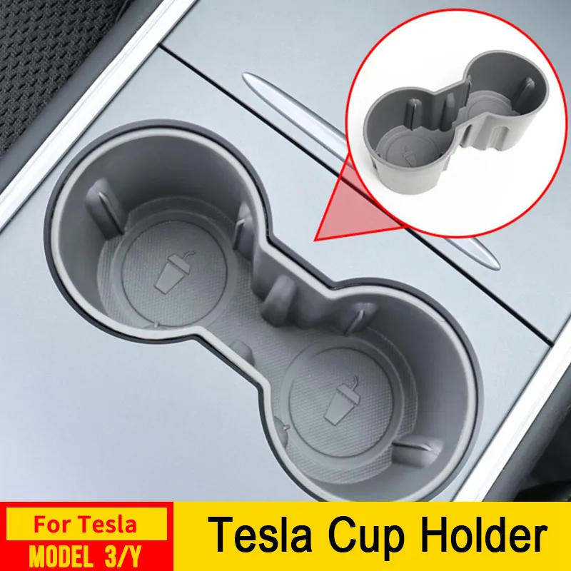 USVOTOV Water Cup Holder For Tesla Model 3 Y 2023 2022 2021 Car Accessories Center Console Organizer TPE Insert Storage Box