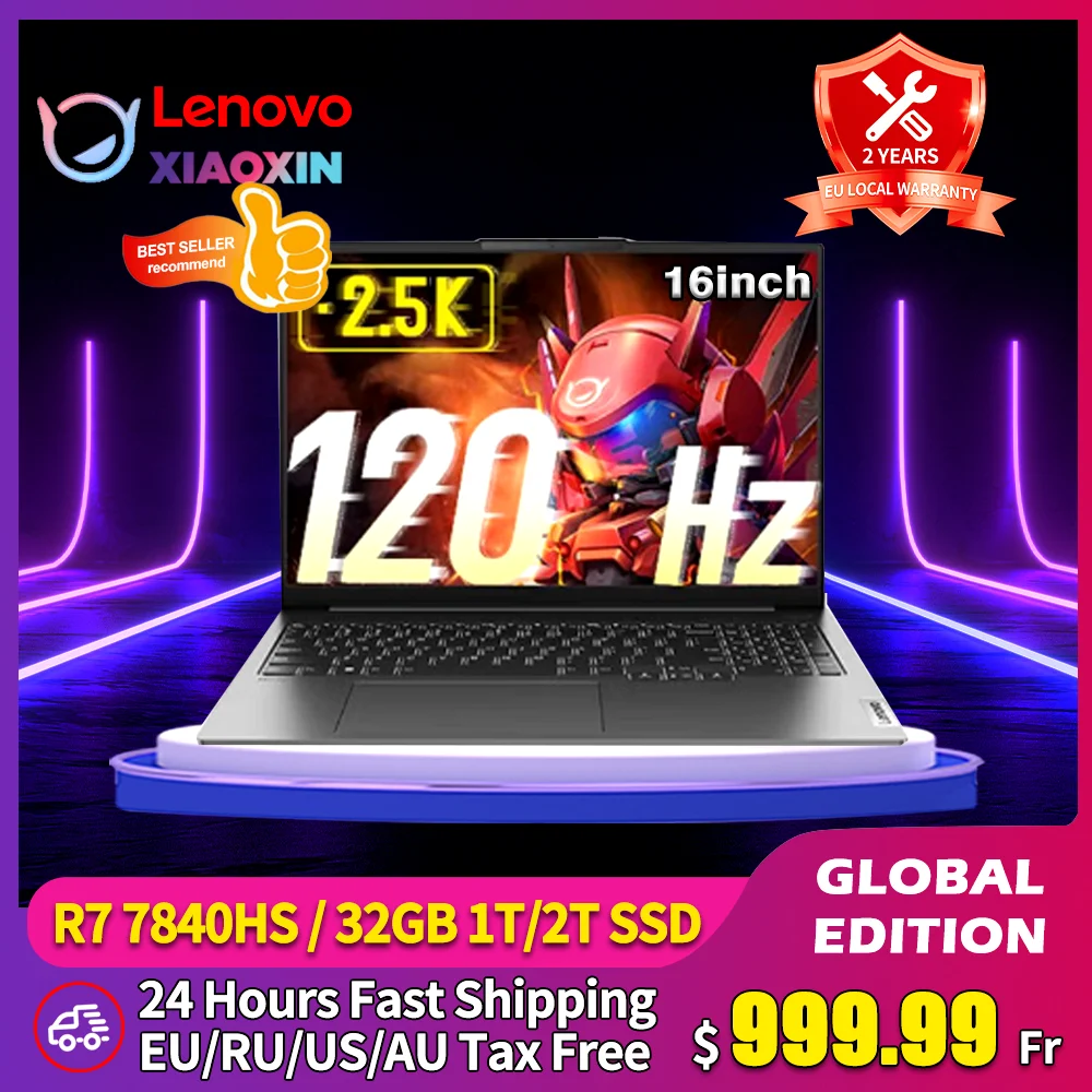 2023 Lenovo Xiaoxin Pro 16 Laptop AMD Radeon 780M R7 7840HS 32GB LPDDR5X RAM 1T/2TB SSD 2.5K IPS Matt Screen 120Hz 16'' Notebook