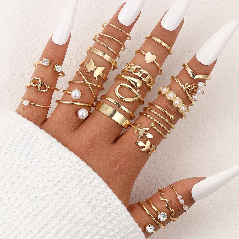 22Pcs/Set Gold Color Heart Snake Rings Set For Women Vintage Butterfly Pearl Geometric Hollow Ring Fashion Wedding Party Jewelry