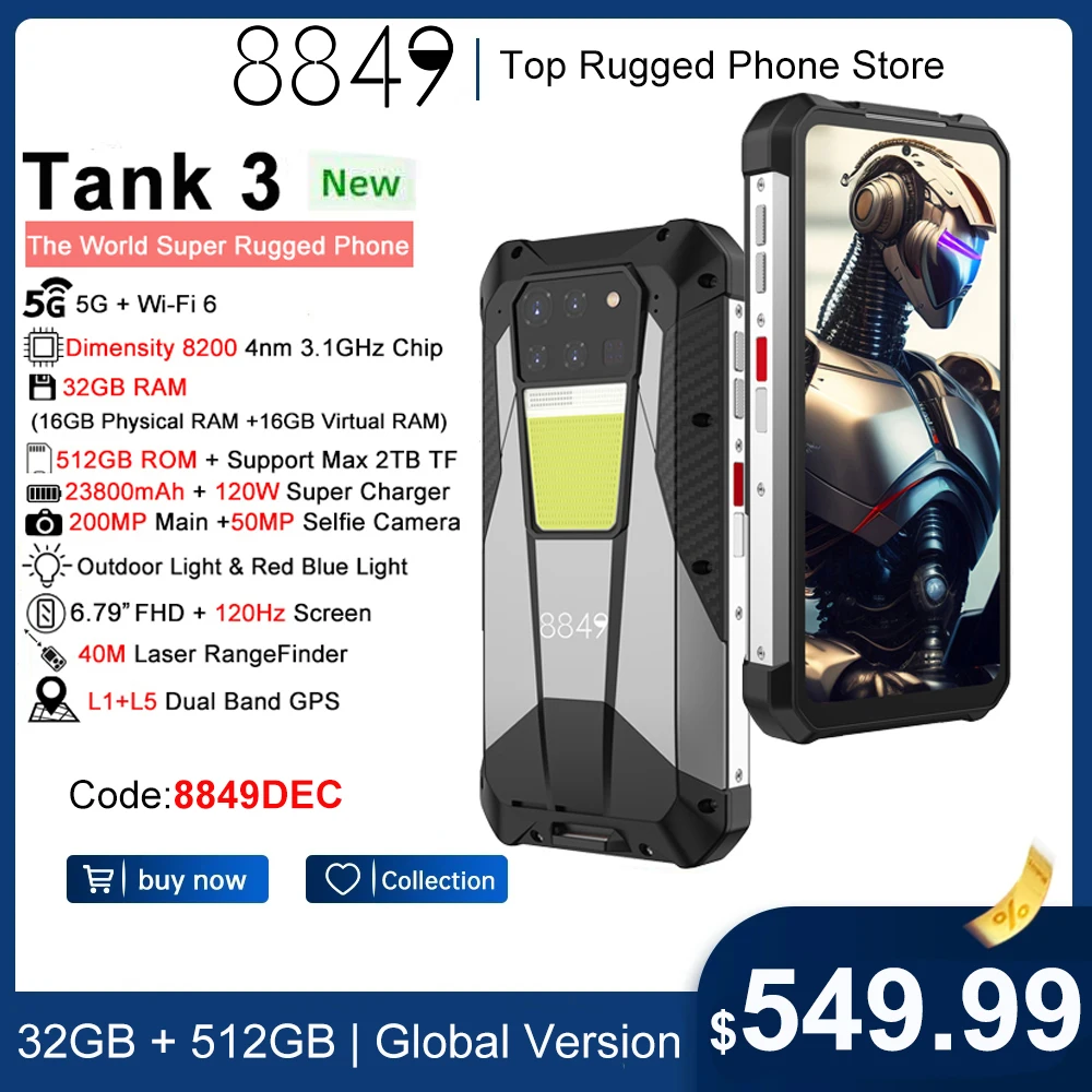8849 Tank 3 Rugged 32GB 512GB 23800mAh 120W Charger Dimensity 8200 5G 200MP 120Hz Rangefinder Outdoor Light Wifi 6 GPS Dual Band