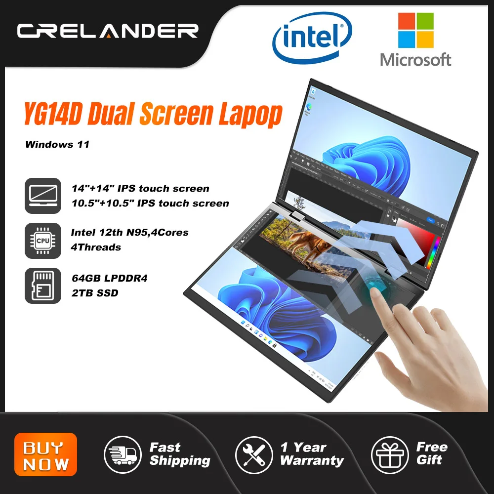 CRELANDER Dual Sceen Laptop 14+14 Inch 2K Touch Screen Notebook Intel N95 CPU 360 Degree Flip Metal Case 2 in 1 Laptop Computer