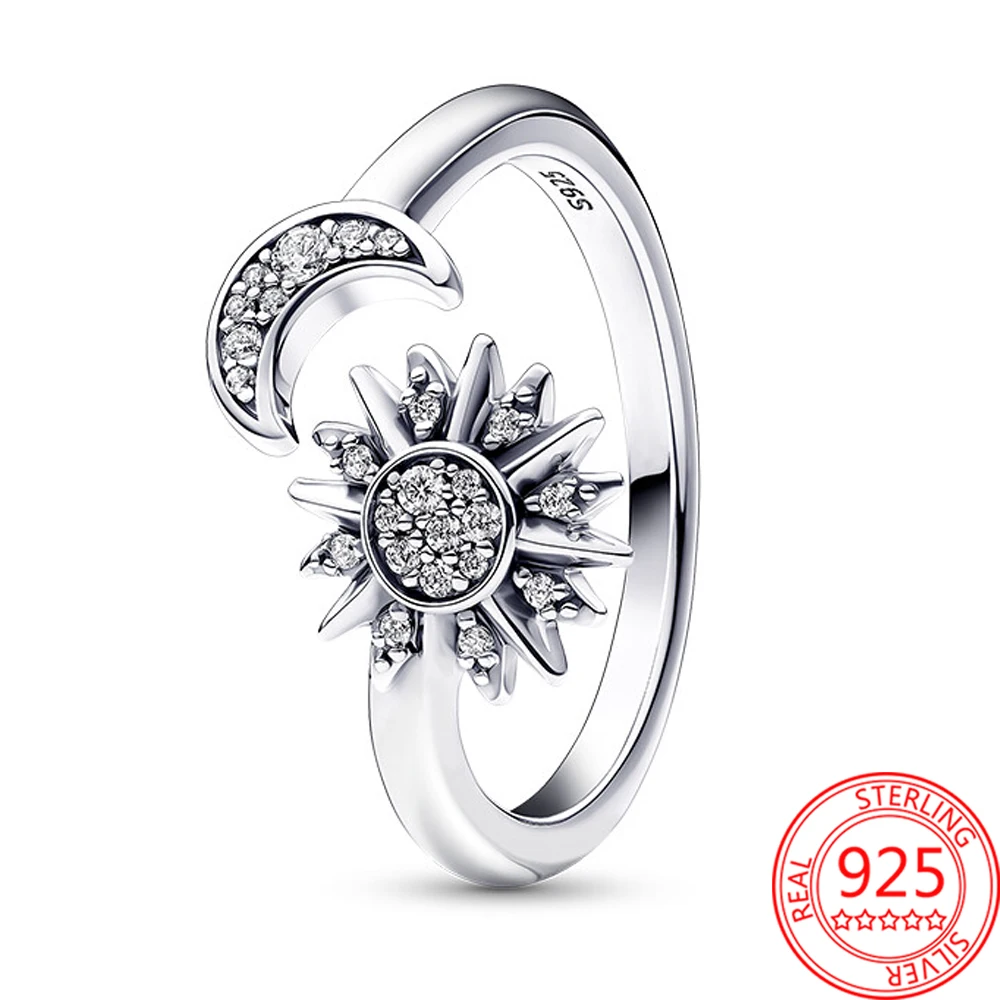 Exquisite 925 Sterling Silver Set White Pavé Sun & Moon No Size Open Ring Ladies Anniversary Jewelry Accessories