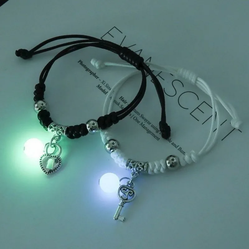 Fashion Luminous Beads Couple Bracelet Adjustable Braided Rope Lock & Key Matching Friend Lover Bracelets Party Jewelry Gift