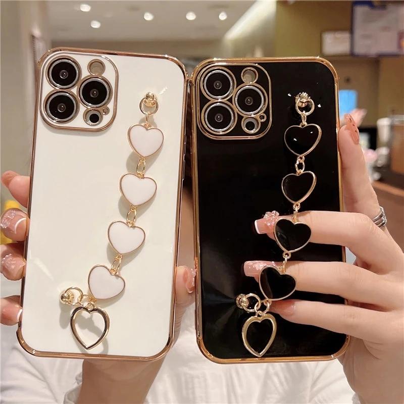 Fashion Plating Love Heart Bracelet Chain Case For iPhone 15 14 12 11 13 Pro Max X XS 13pro 14pro 7 8 Plus Shockproof Case Cover