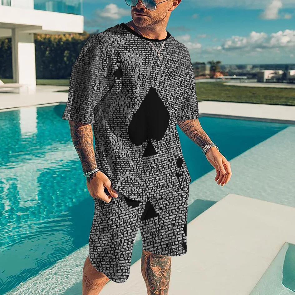 Funny Poker Pattern Y2k Men Casual Fashion Tracksuit Street Wear T-Shirt Shorts Suit 2 Pieces Outfit Set Male Oversized Clothing
