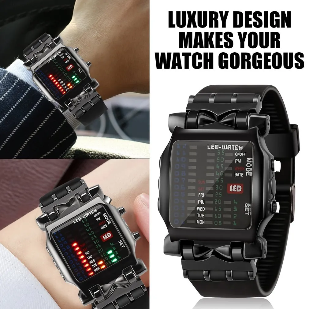 LED Watch Men Fashion Creative Crab Type Electronic Watch Luminous Binary Gift Business Style Cool Waterproof Multi Function