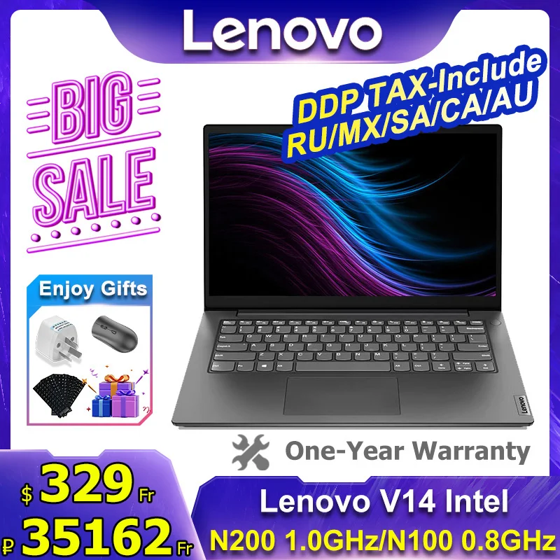 Lenovo V14 Laptop Intel N200 1.0GHz/N100 0.8GHz CPU 8GB RAM 512GB SSD 14-Inch FHD 1920x 1080 Screen Computer Notebook PC