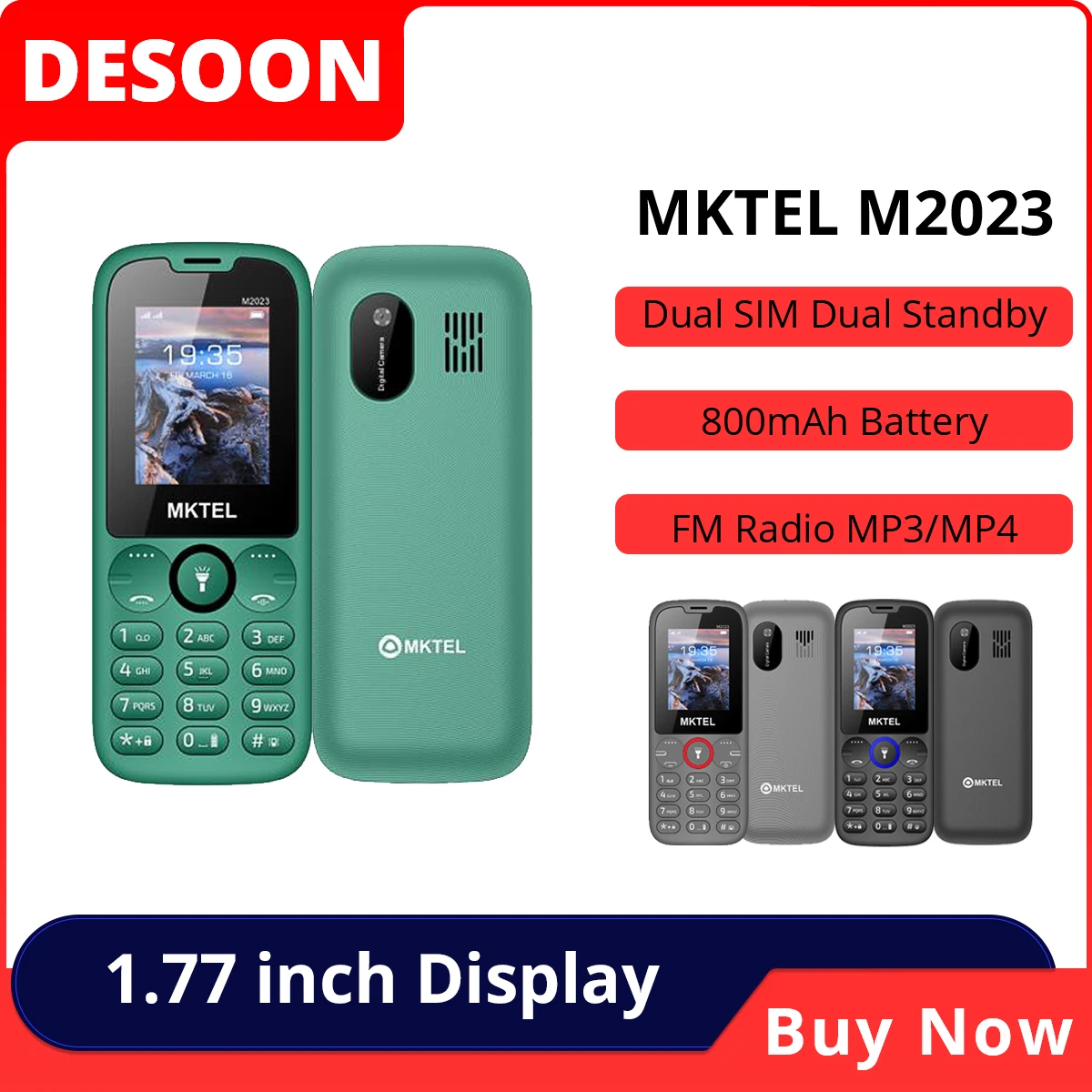 MKTEL M2023 Feature Phone 1.77inch Display 800mAh 0.08 Mega MP3 MP4 FM Radio with Strong Torch Senior Phone