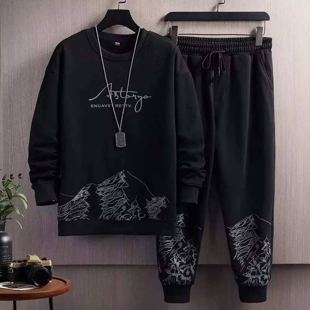 Men Activewear 2-piece Set Men's Mountain Print Tracksuit Set with O-neck Sweatshirt Jogger Pants for Autumn Winter Casual Wear