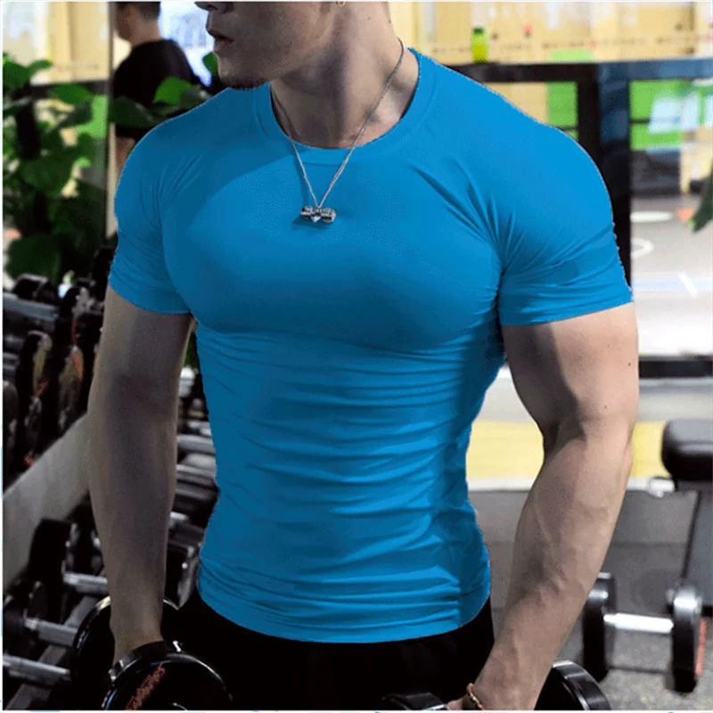 Men Compression Fitness Shirts Short Sleeve Bodybuilding T-Shirts Quick Dry Training Gym T Shirt Sport Running Shirt Soccer Top