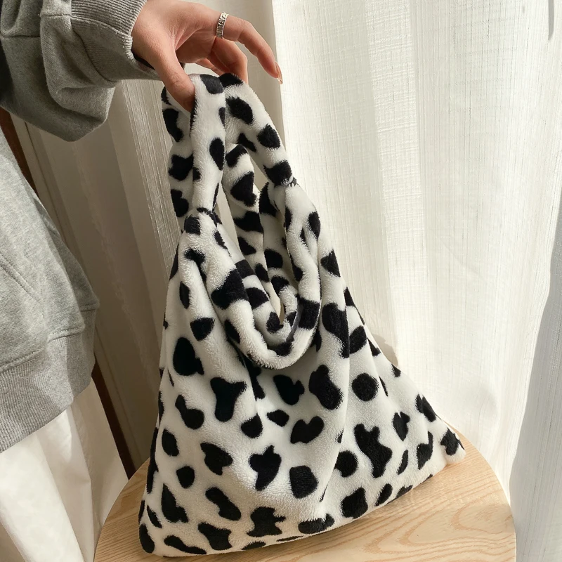Milk Cow Print Messenger Bag Womens Fashion Big Capacity Single Shoulder Bag Soft Plush Handbag Female Crossbody Tote Bags