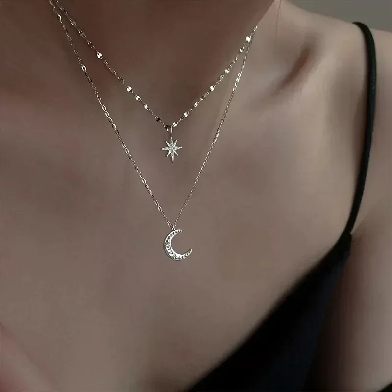New Fashion Silver Color Double Layer Star Moon Necklace for Women Charm Delicate Zircon Stainless Steel Choker Chain Jewelry