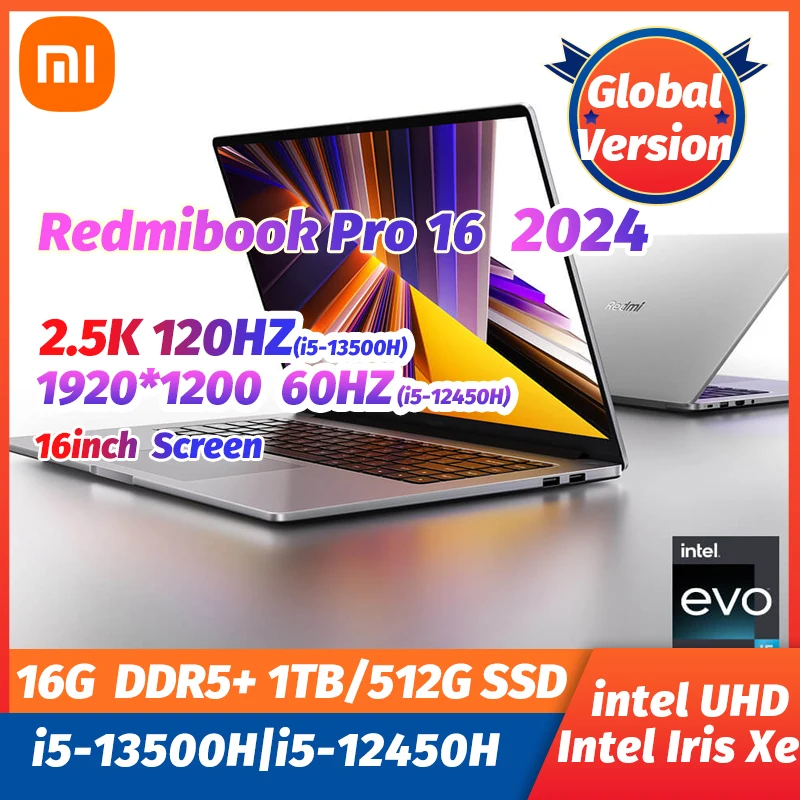 New Xiaomi Redmi Book 16 Laptop 2024 Intel Core i5-13500H 16GB DDR5+1TB/512G SSD i5-12450H 16inch Notebook Fingerprint unlock PC