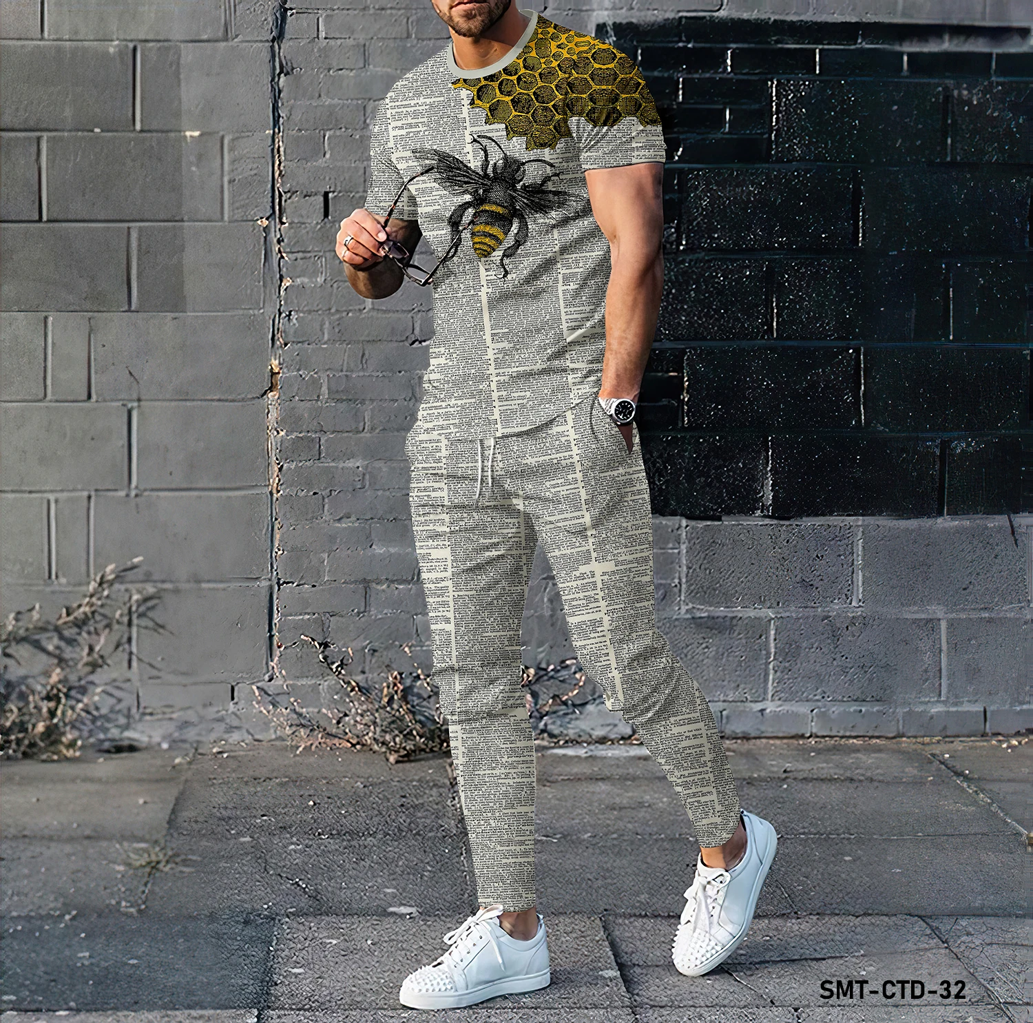 New boutique 3D digital printed linesnovel bee print patternmen's long pantssportswear 2-piece set street wear short sleeved T-s