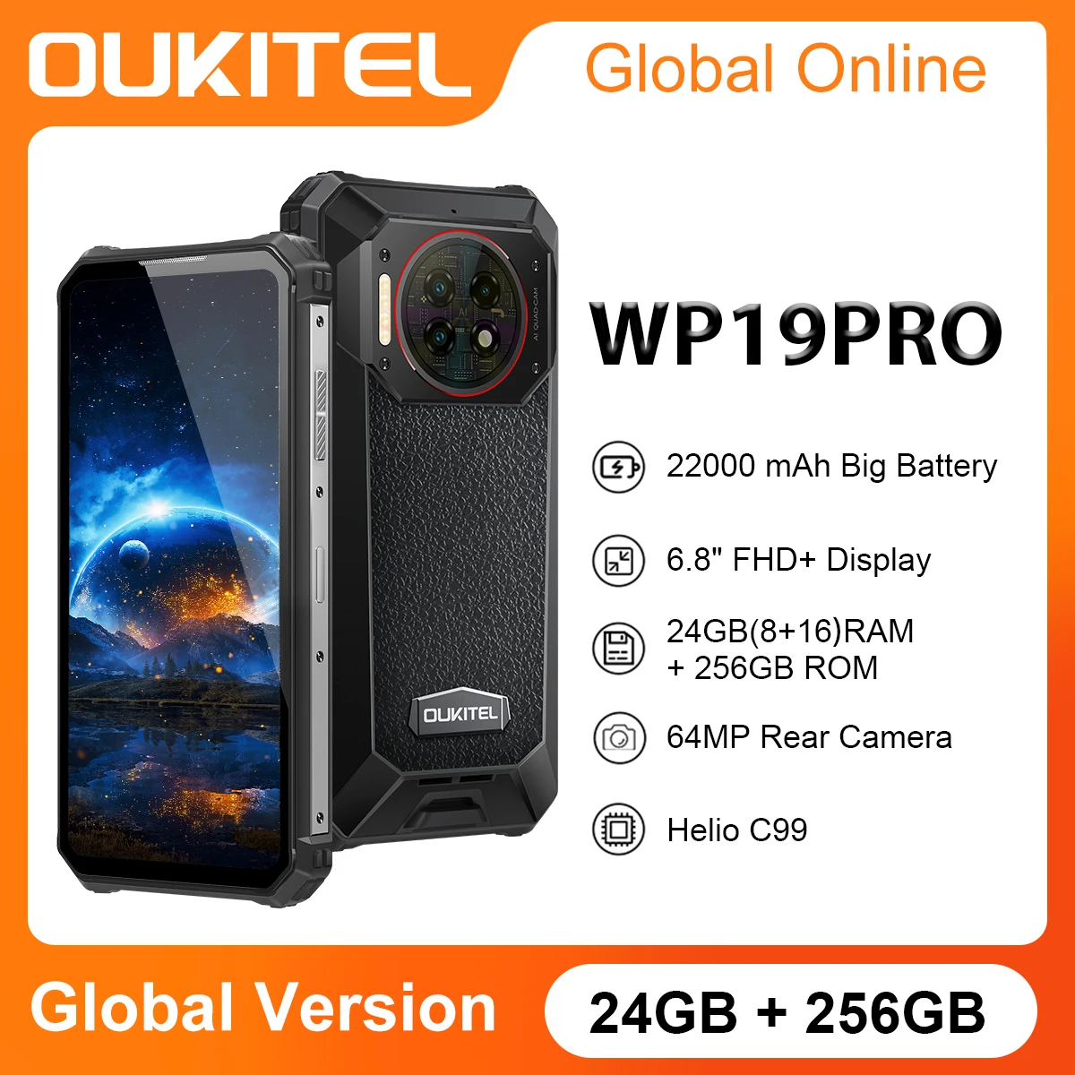 Oukitel WP19 Pro Rugged Phone 22000mAh 24GB 256GB Smartphone Helio G99 120Hz Cellphone 64MP Rear Camera Android13 Mobile Phone