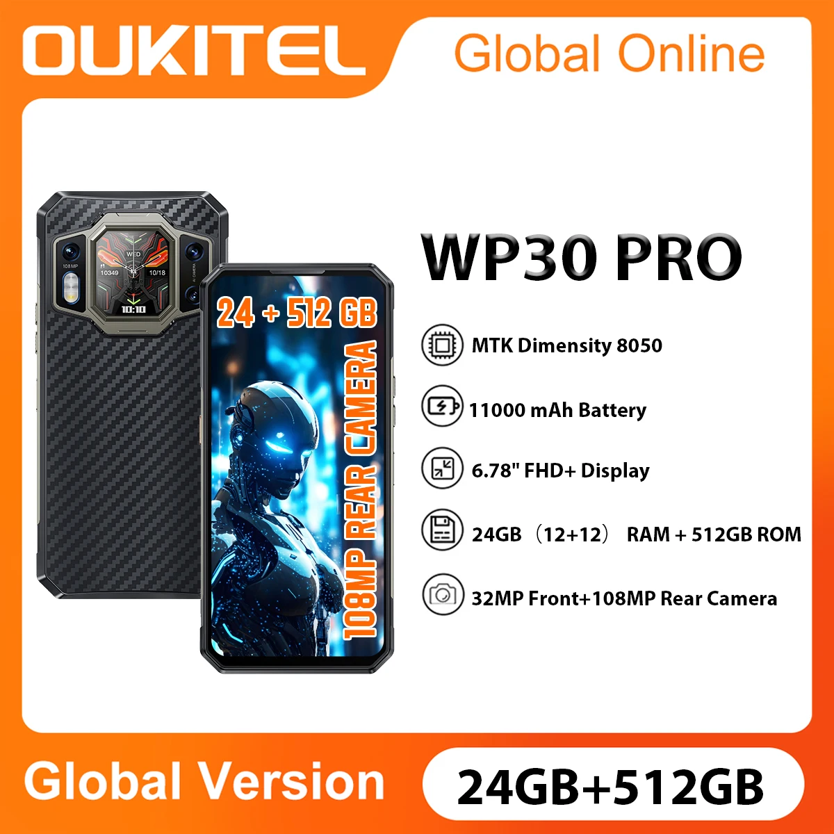 Oukitel WP30 Pro 5G Rugged Smartphone 12GB+512GB 120W Android 13 Mobile Phone 11000mAh 6.78