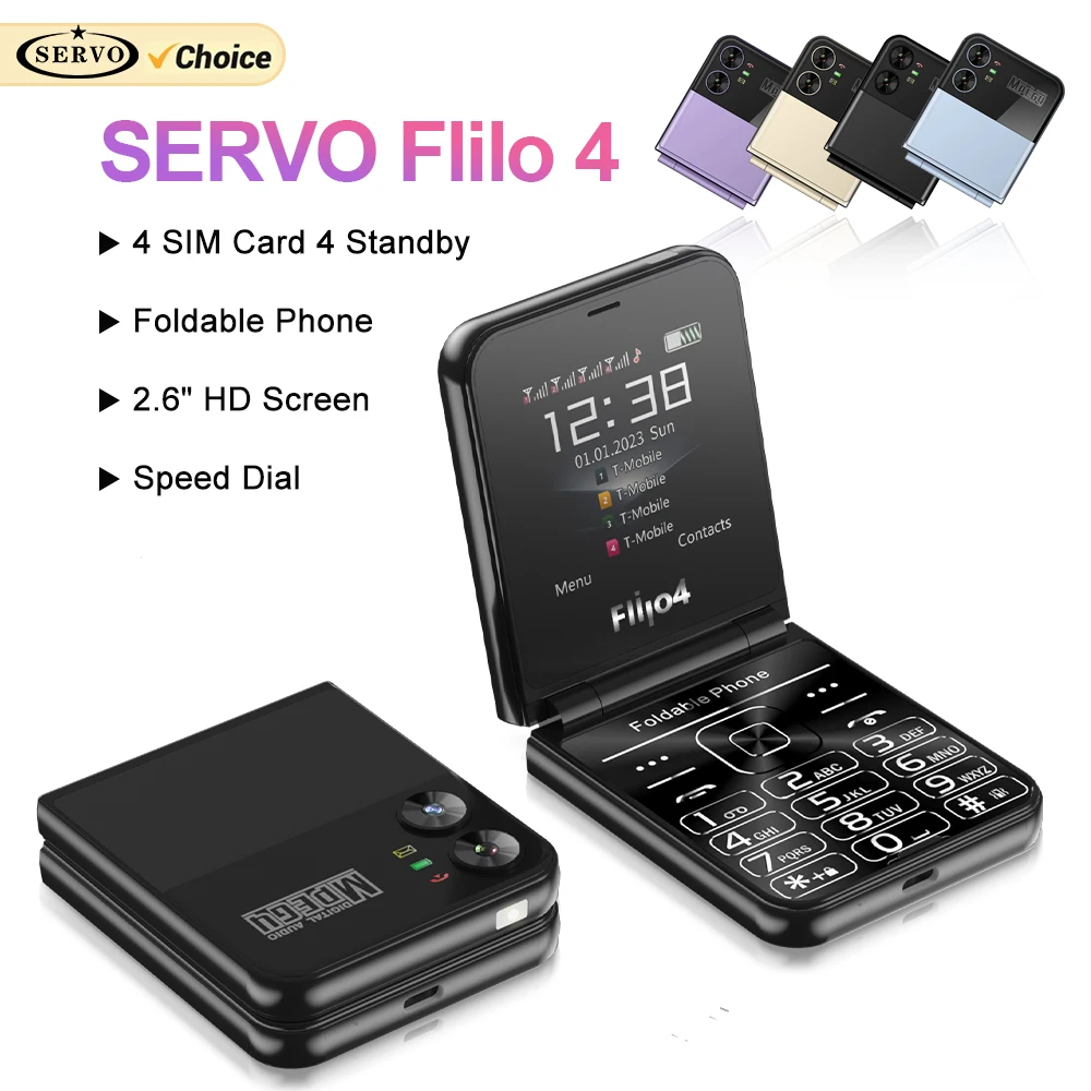 SERVO 4 SIM Fashionable Flip Cellular Phone Speed Dial Flashlight Magic Voice FM Radio 2G GSM Foldable Mobile Phone Type-C 2.6