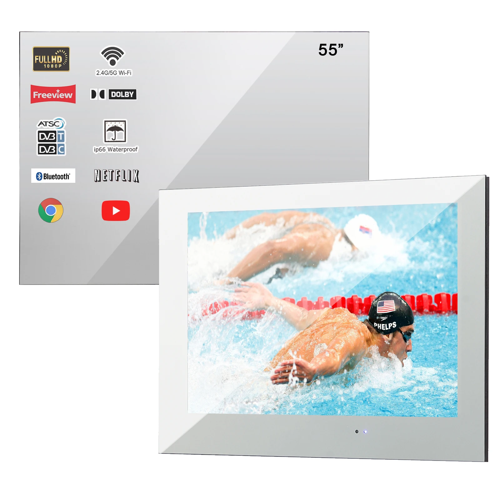Souria 55 Inches Smart LED TV Waterproof for Bathroom Sauna Room IP66 Wall Mounted BIG Screen Display (Mirror/ Black Color)