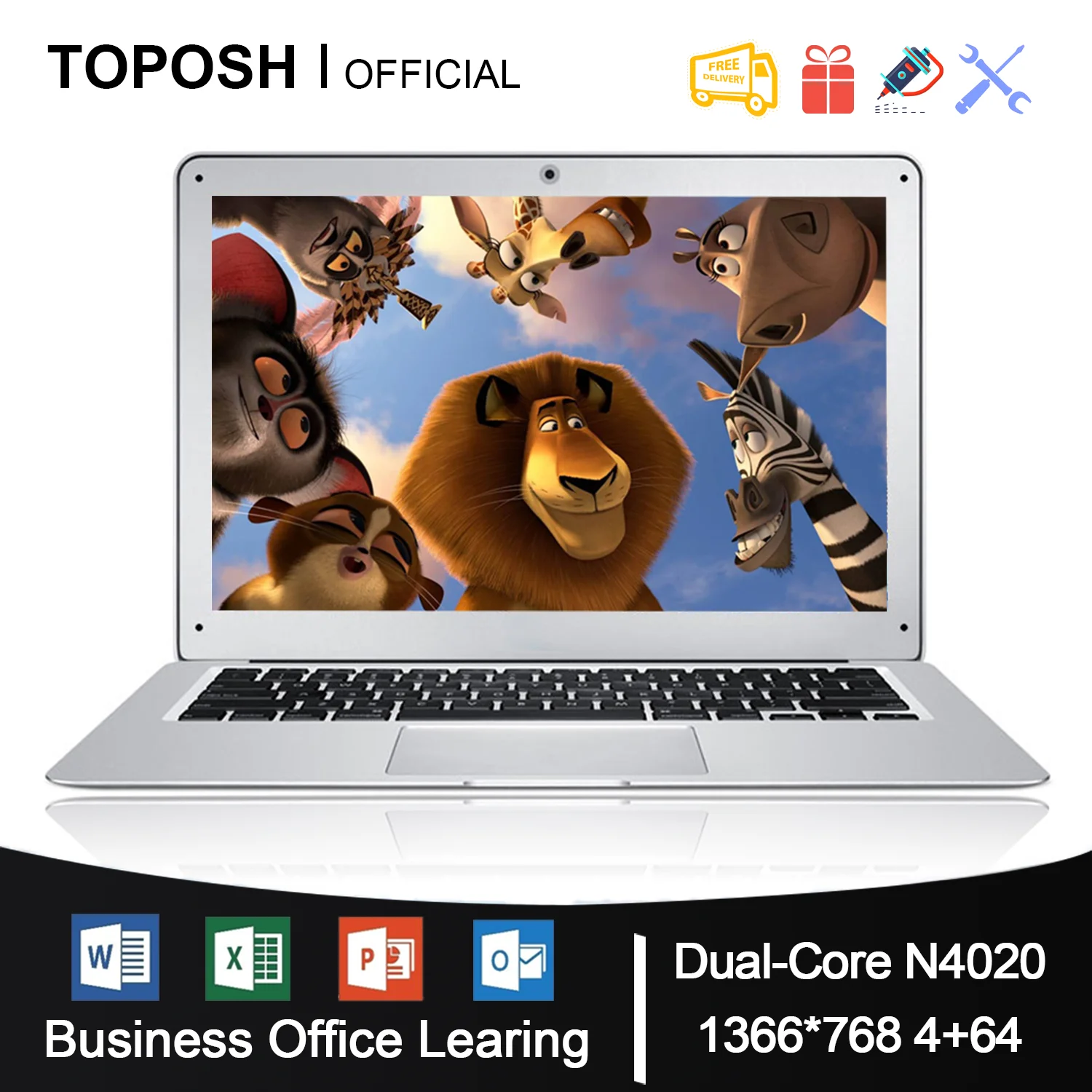 TOPOSH 14'' Windows 10 Laptop, Intel N4020 UHD Graphics 600 4G+64GB Netbook, Ultra Slim Notebook PC, BT4.2, Work Study Computer