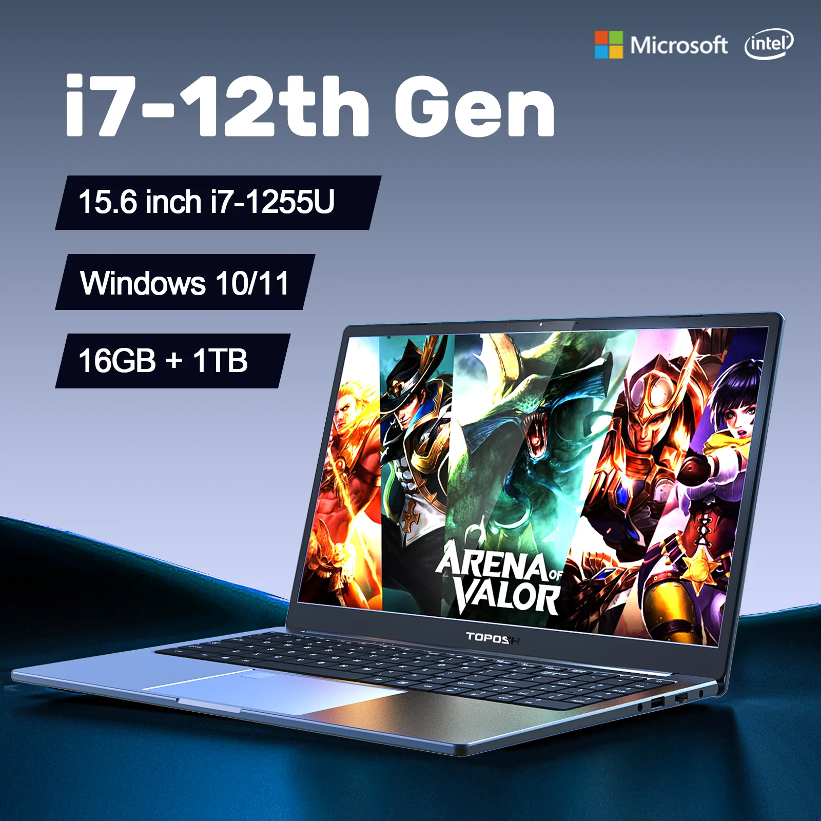 TOPOSH i7 12th Gen Gaming Laptop 15.6 inch Intel Core i7-1255U 32GB 1TB SSD Windows 11 Notebook Fingerprint Unlock PC Business