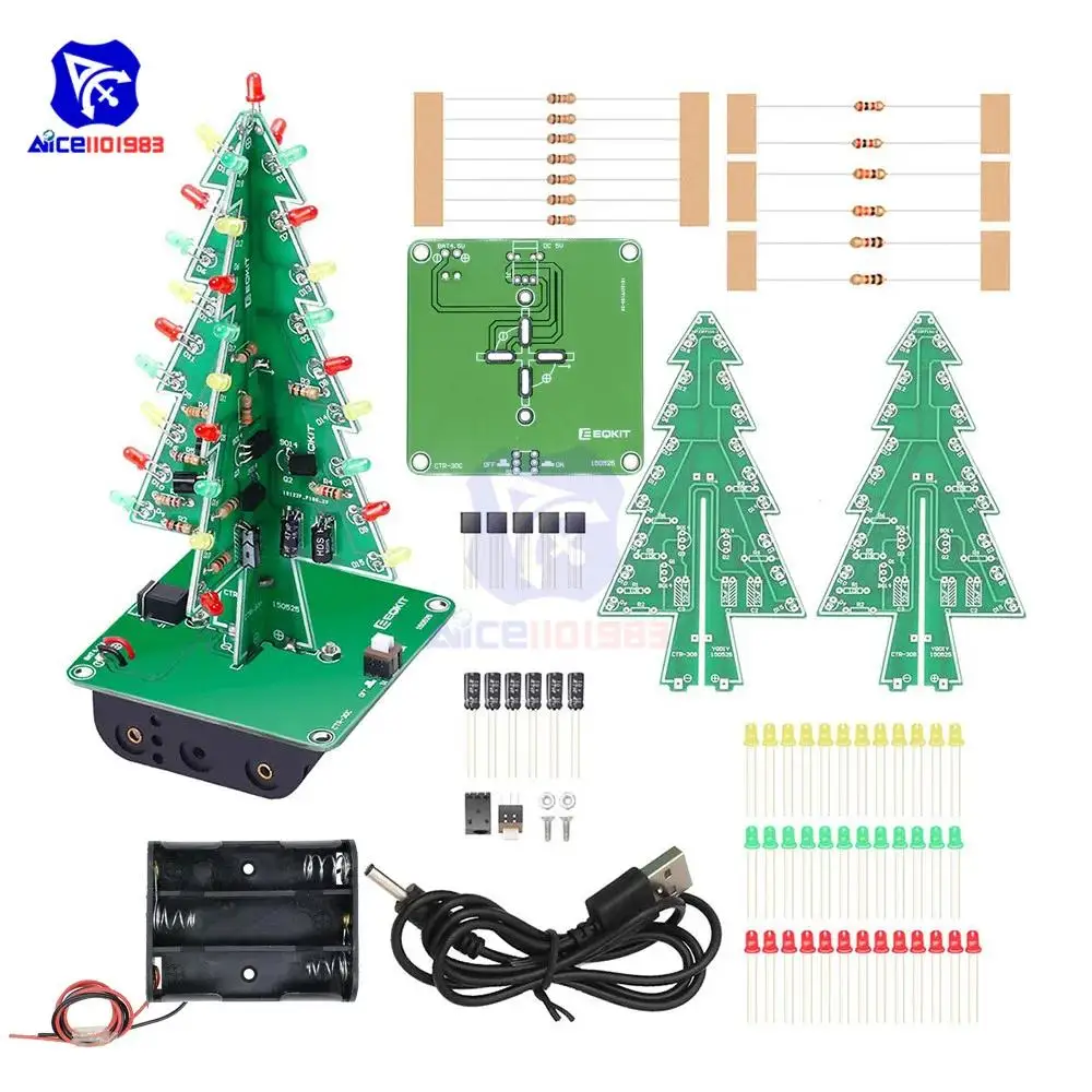 diymore DIY 3D Christmas Tree Soldering Practice Electronic Science Assemble Kit 3 Color/7 Color Flashing LED PCB