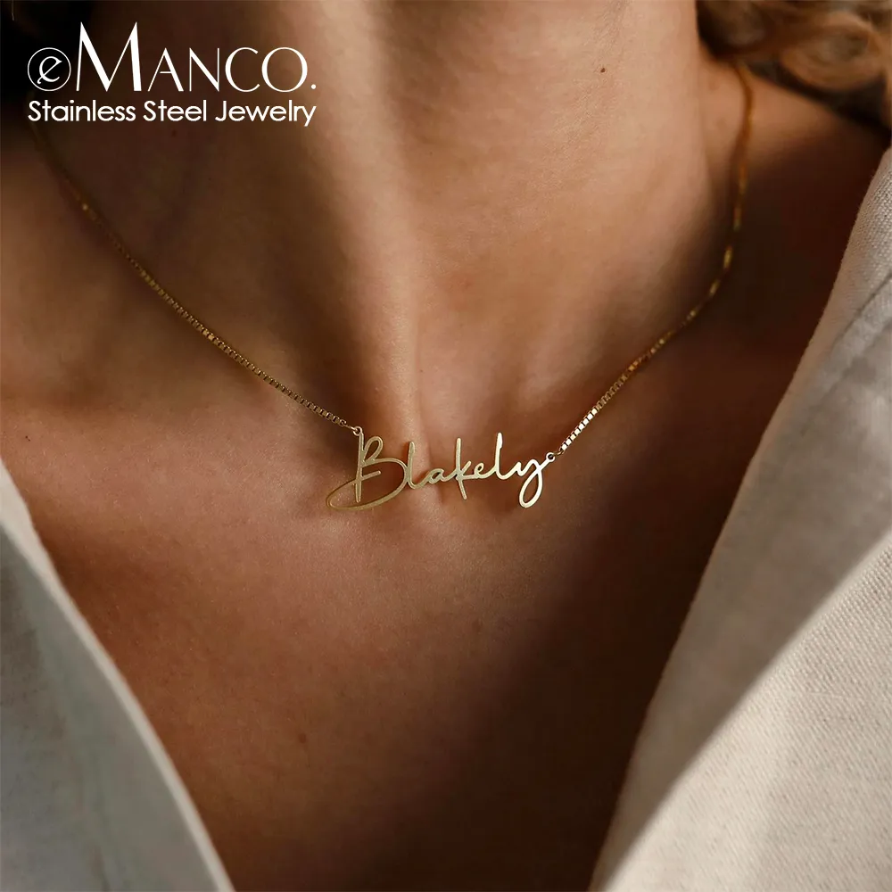 eManco Customized Fashion Stainless Steel Name Necklace Personalized Letter Gold Color Choker Necklace Pendant Nameplate Gift