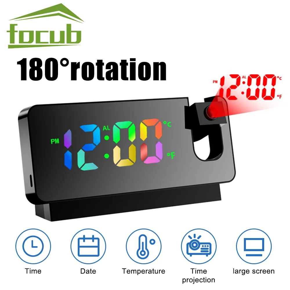 Colorful LED Digital Projection Alarm Clocks USB Electronic Ceiling Projector Alarm Clock with 180° Rotation for Bedroom Clocks