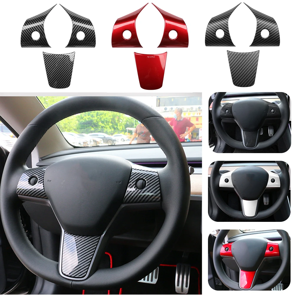 For Tesla Model 3 Model Y Car Steering Wheel Protective Cover Trim Sticker ABS Carbon Fiber Patch Decoration Accessories